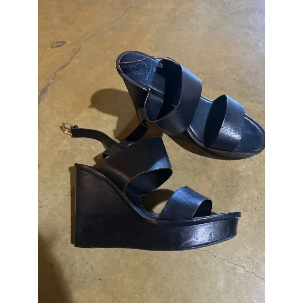 Tory Burch Leather Black Wedges‎ Size 10 Women's Straps